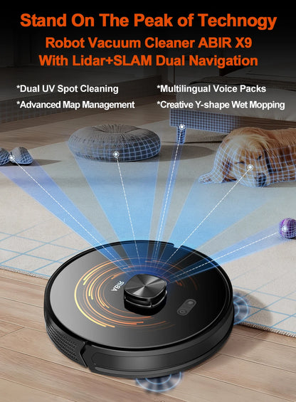ABIR X9 Robot Vacuum Cleaner – Laser LiDAR, 6500PA Suction, UV Spot Cleaning, Multi-Floor Map, Auto Carpet Boost