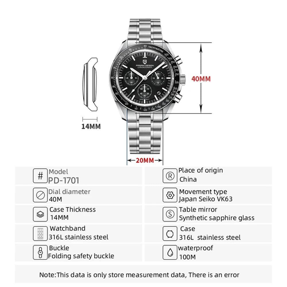 PAGANI DESIGN 1701 V5 Men's Luxury Quartz Chronograph Watch – AR Sapphire Glass, 100M Waterproof