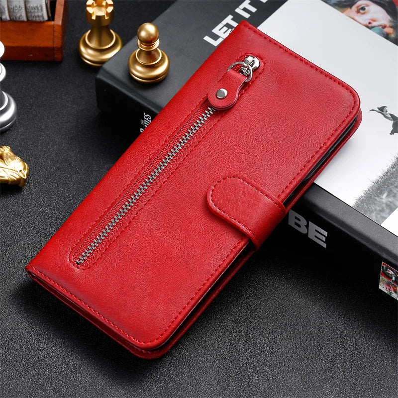 R.E.D. Shopping iPhone 16 Plus zipper wallet case with card slots, magnetic stand, leather cover, and protective design.