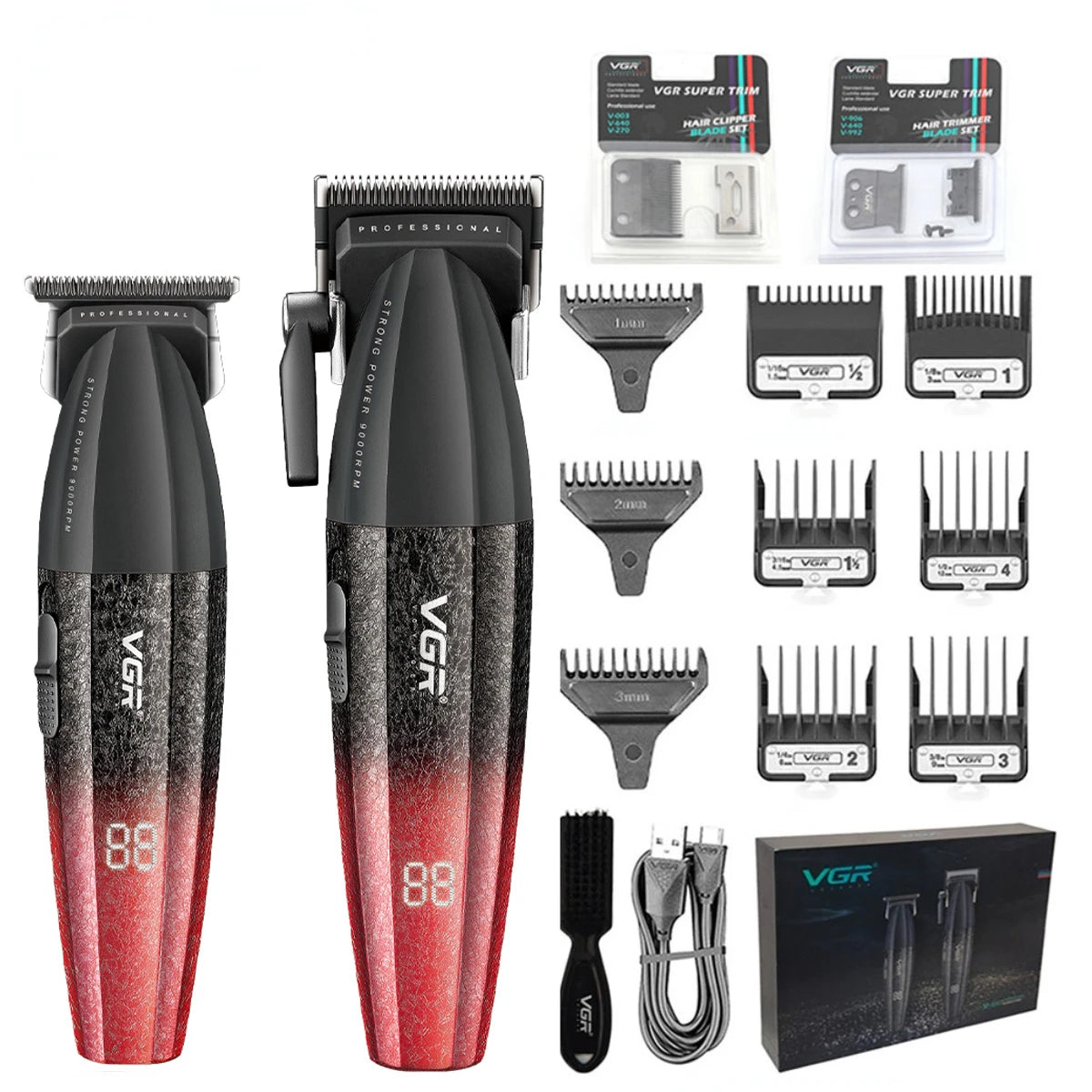 VGR V-640 S3 Professional Hair Clipper – 9000 RPM, Type-C, 160 Min Runtime | Black/Red/Green