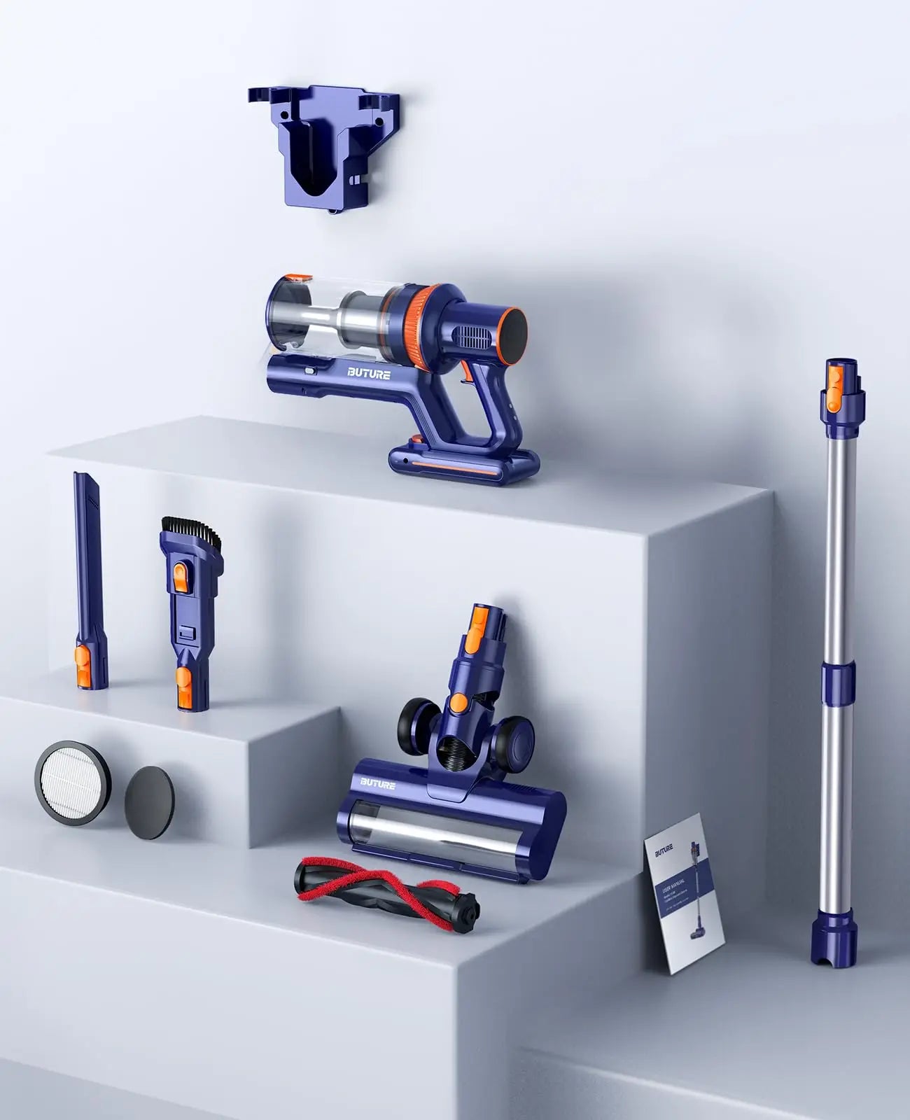 Buture 450W cordless vacuum cleaner with 38Kpa suction, 1.2L dust cup, and removable battery, ideal for home cleaning.