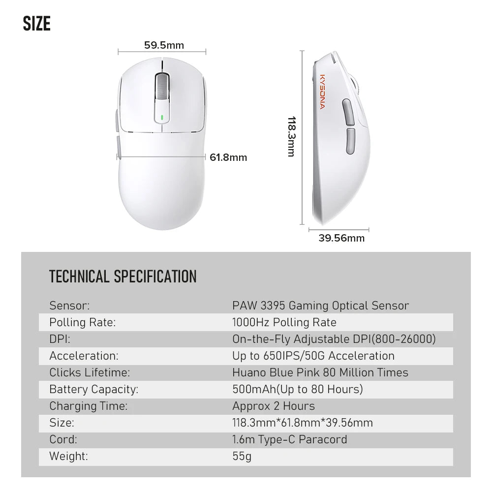 Kysona M600 Wireless Gaming Mouse – PAW3395, 26000 DPI, 55g, Bluetooth, 6 Buttons