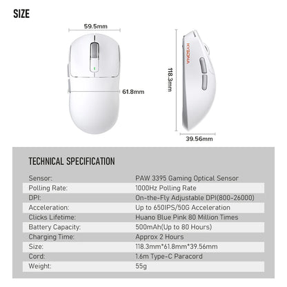 Kysona M600 Wireless Gaming Mouse – PAW3395, 26000 DPI, 55g, Bluetooth, 6 Buttons