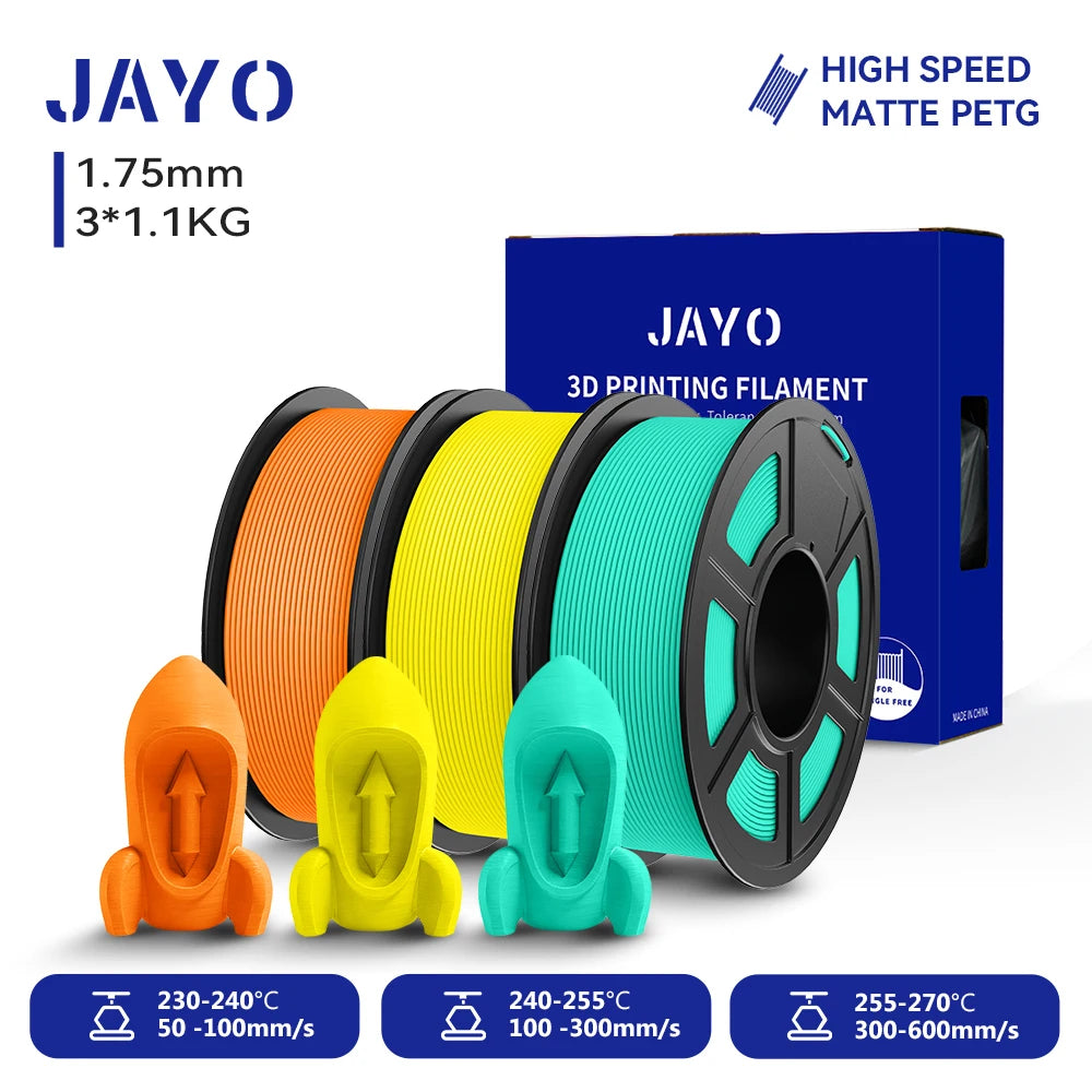 JAYO PETG/High Speed Matte PETG 3D Printing Filament 1.75MM Mix-Colors & No bubbles &Non-toxic For 3D Printer & Pen 3Rolls