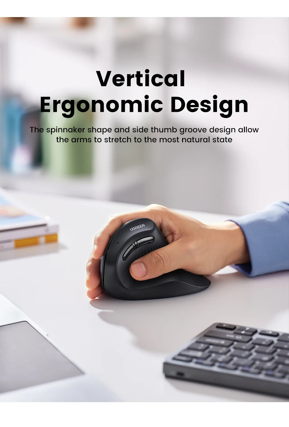 UGREEN Vertical Ergonomic Mouse – Bluetooth 5.0 & 2.4G Wireless, 4000DPI, 6 Silent Buttons, for Mac & PC