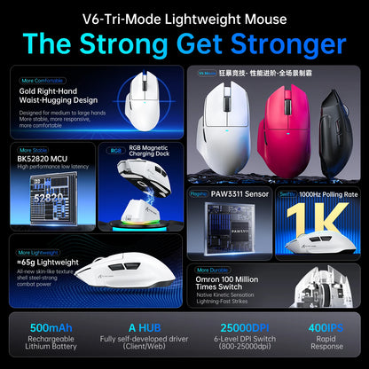 Attack Shark V6 Tri-mode Gaming Mouse – 25000 DPI, RGB, Magnetic Charging, Ergonomic