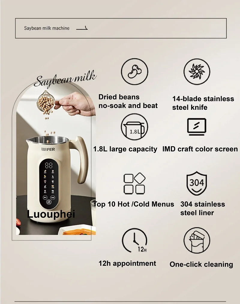 1.8L Soymilk Maker & Electric Juicer – 800W, 12h Appointment, Auto Keep Warm, Rice Paste & Food Wall Breaker | 220V