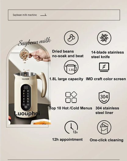 1.8L Soymilk Maker & Electric Juicer – 800W, 12h Appointment, Auto Keep Warm, Rice Paste & Food Wall Breaker | 220V