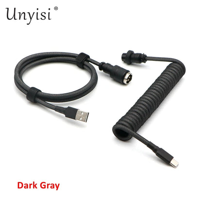 Handmade paracord and PET coiled USB-A to USB-C cable with GX16 aviator connector for mechanical keyboards, black and colorful braided design