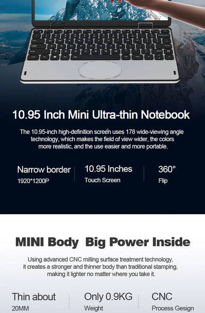 CRELANDER Mini Yoga Laptop 10.95" — 16GB DDR4, M.2 SSD, 360° Flip, Touch Screen, Windows 11