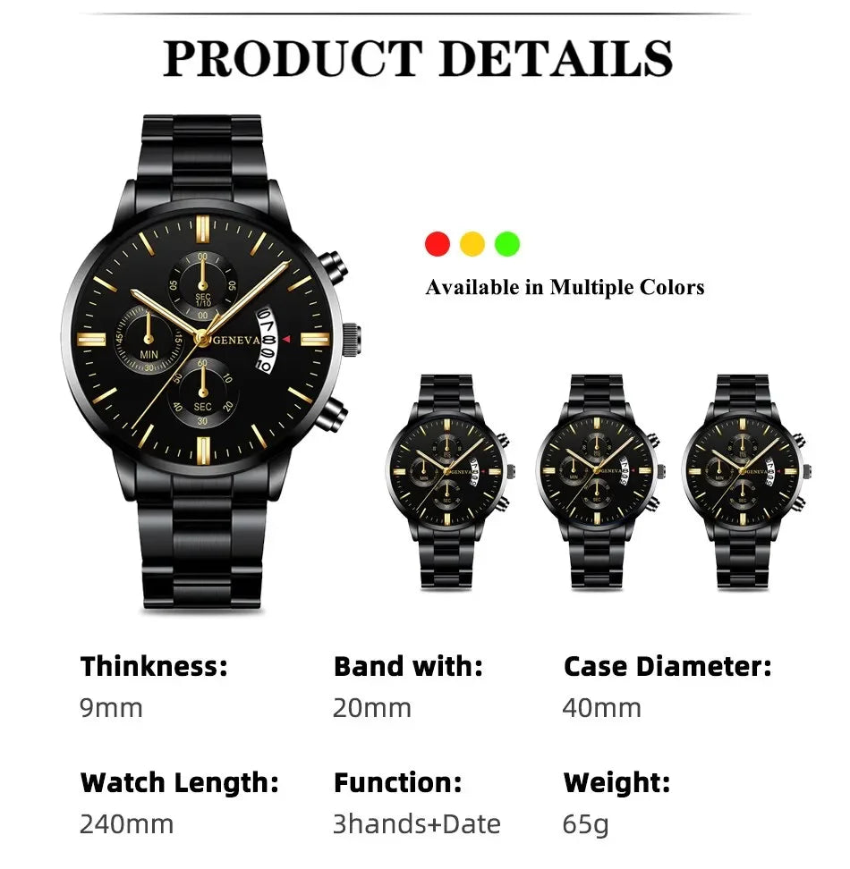 Men’s luxury stainless steel quartz wristwatch with calendar display, stylish business accessory from R.E.D. Shopping.