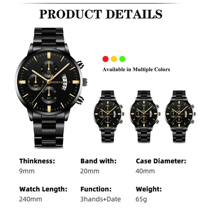 Men’s luxury stainless steel quartz wristwatch with calendar display, stylish business accessory from R.E.D. Shopping.