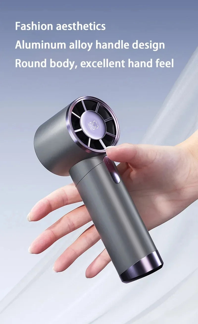 Portable R.E.D. Shopping electric handheld fan with aluminum alloy body, digital display, large wind, and multiple speed settings.