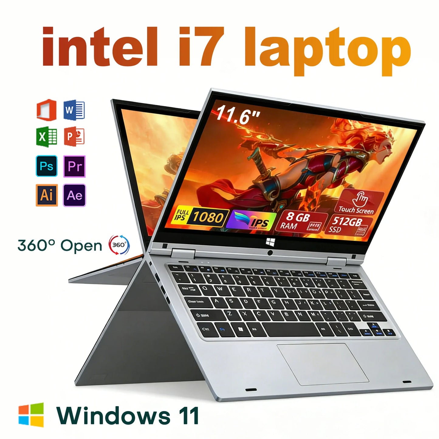 11.6" 2-in-1 Touch Laptop Tablet – Intel Core i7-8500Y, 8GB RAM, up to 2TB SSD, 360° Flip, Windows 11