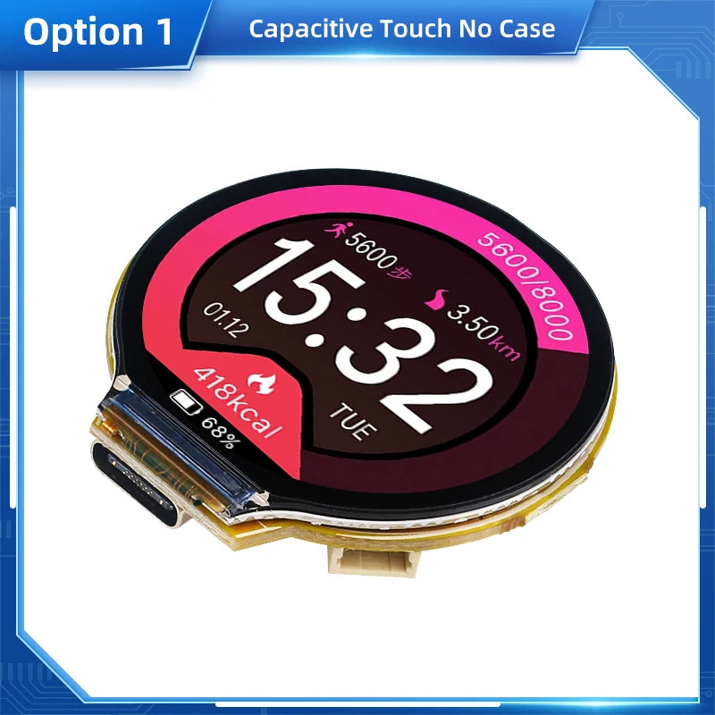 ESP32-C3 WiFi and Bluetooth development board with a 1.28-inch round LCD display, shown with connected components on a white background.