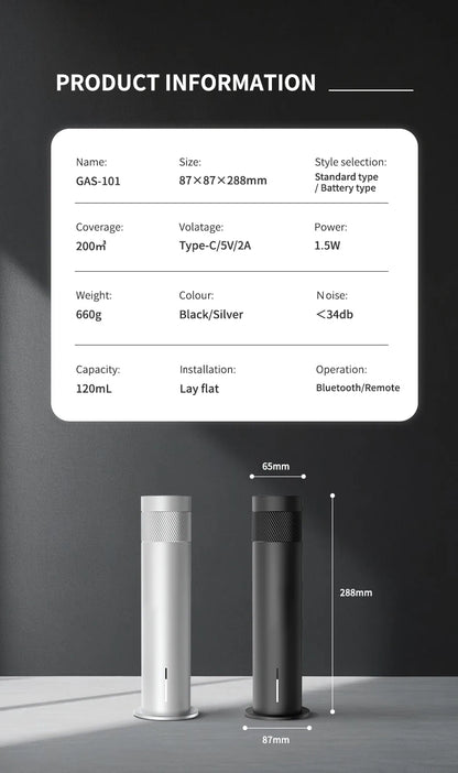 NAMSTE Smart Aroma Diffuser 120ml – 200m³ Coverage, Waterless, CE | Silver/Black EU Plug