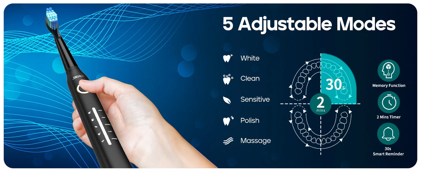 Seago SG-958 Fast Rechargeable Electric Toothbrush – Smart Auto, 8 Brush Heads, 5 Modes, IPX7 Waterproof