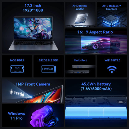 KAMRUI 17.3" Ultra Slim Laptop — AMD Ryzen 3 4300U, 16GB DDR4, 512GB M.2 SSD, 4K FHD, Windows 11 Pro