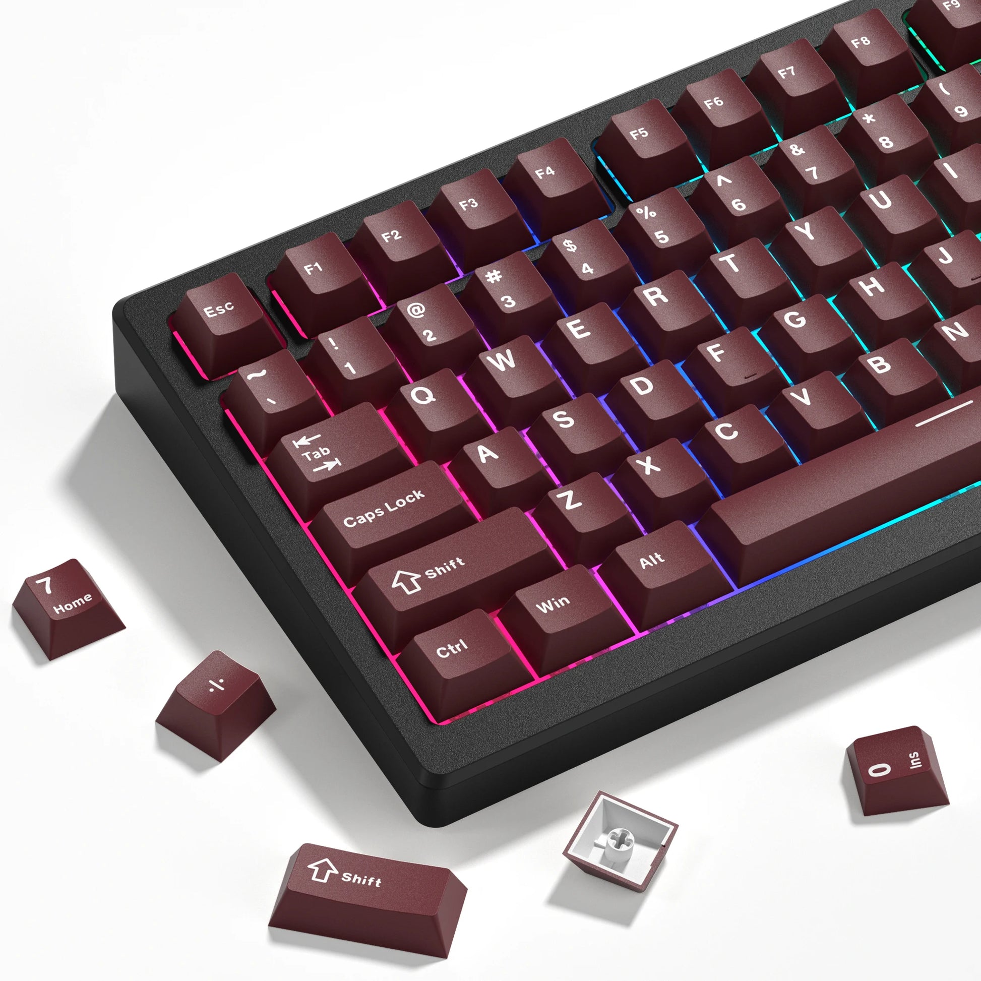 Retro dark red PBT keycap set with 126 double shot Cherry profile keycaps for mechanical keyboards.