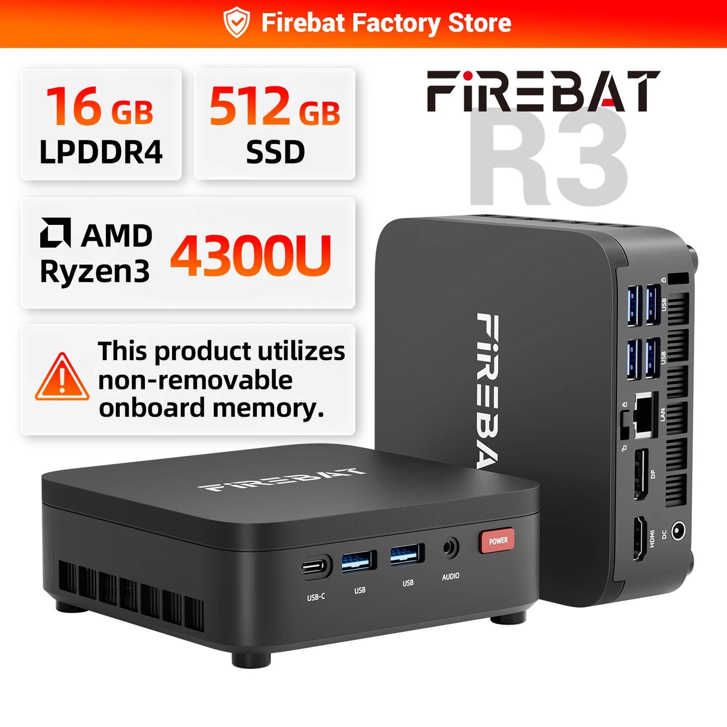 FIREBAT R3 Mini PC AMD Ryzen 3 4300U | 16GB RAM | 512GB SSD | WiFi 6 | 3×4K | Windows 11
