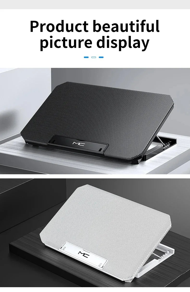 R.E.D. Shopping Q100 17-inch gaming laptop cooling pad with LED screen, dual USB ports, and 2600RPM fan stand for improved cooling.