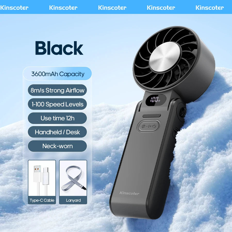 KINSCOTER Foldable Handheld Fan – 3600mAh, 100-Speed, Ice Cooling