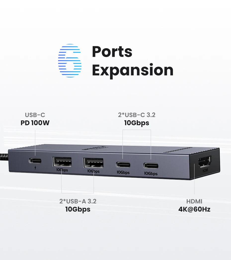 UGREEN USB-C Hub – 10Gbps, 4K60Hz HDMI, PD100W, 6-8 Ports for Laptop, MacBook, iPad