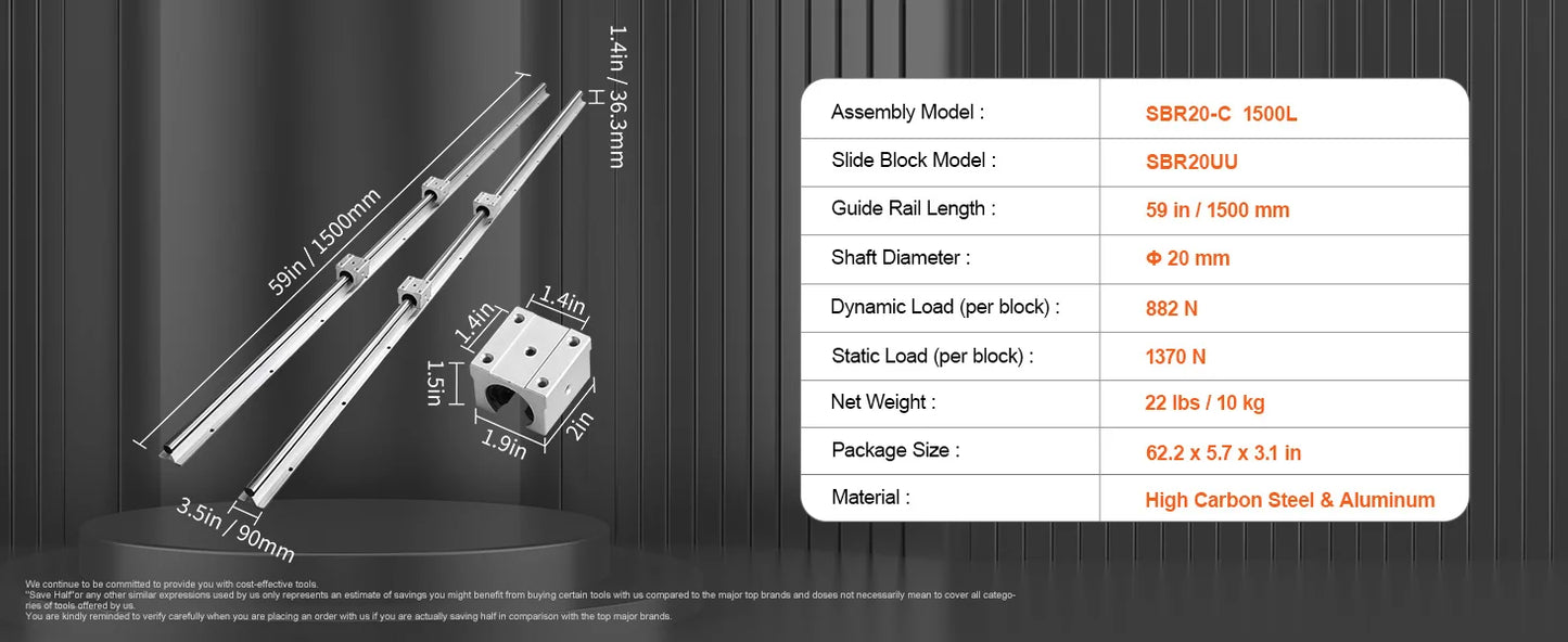 SBR Linear Guide Rails 800–2200mm with UU Bearing Blocks (2+4 Set)