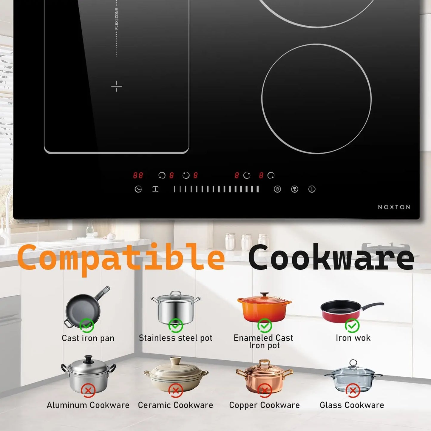 NOXTON 24" Induction Hob | 4 Burners + Flex Zone | 7200W | Power Boost | 230V