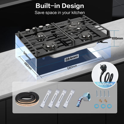 Black 60cm built-in gas hob with four burners, cast iron grates, flame failure protection, and black glass surface for modern kitchens.