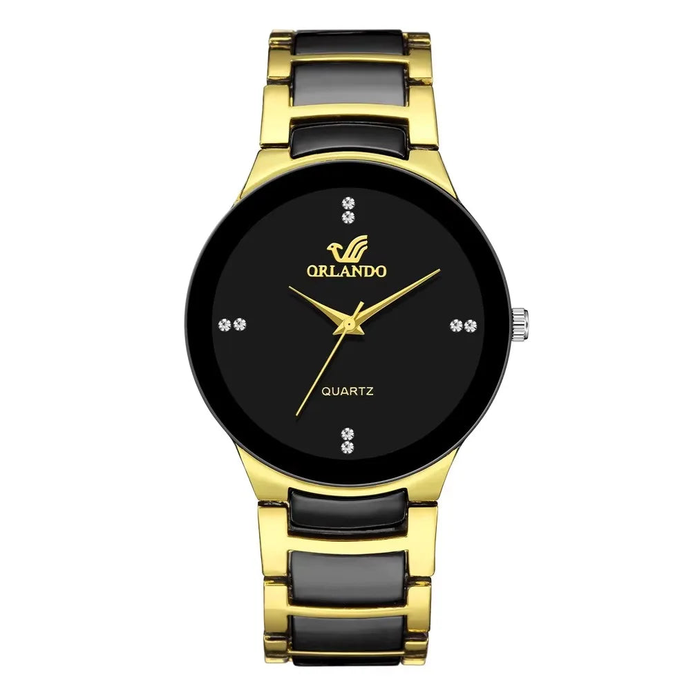 Men's black dial steel quartz watch with minimalist design, featuring a classic business style and sleek metal band.