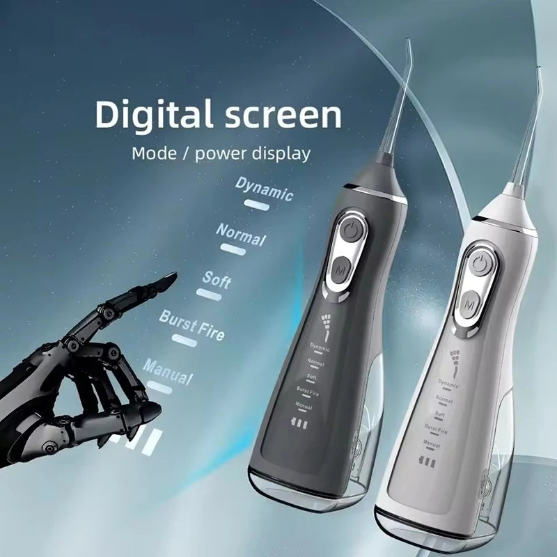 Portable R.E.D. oral irrigator with water jet and four nozzles, 300ml tank, waterproof IPX7, five modes, USB rechargeable for oral care.
