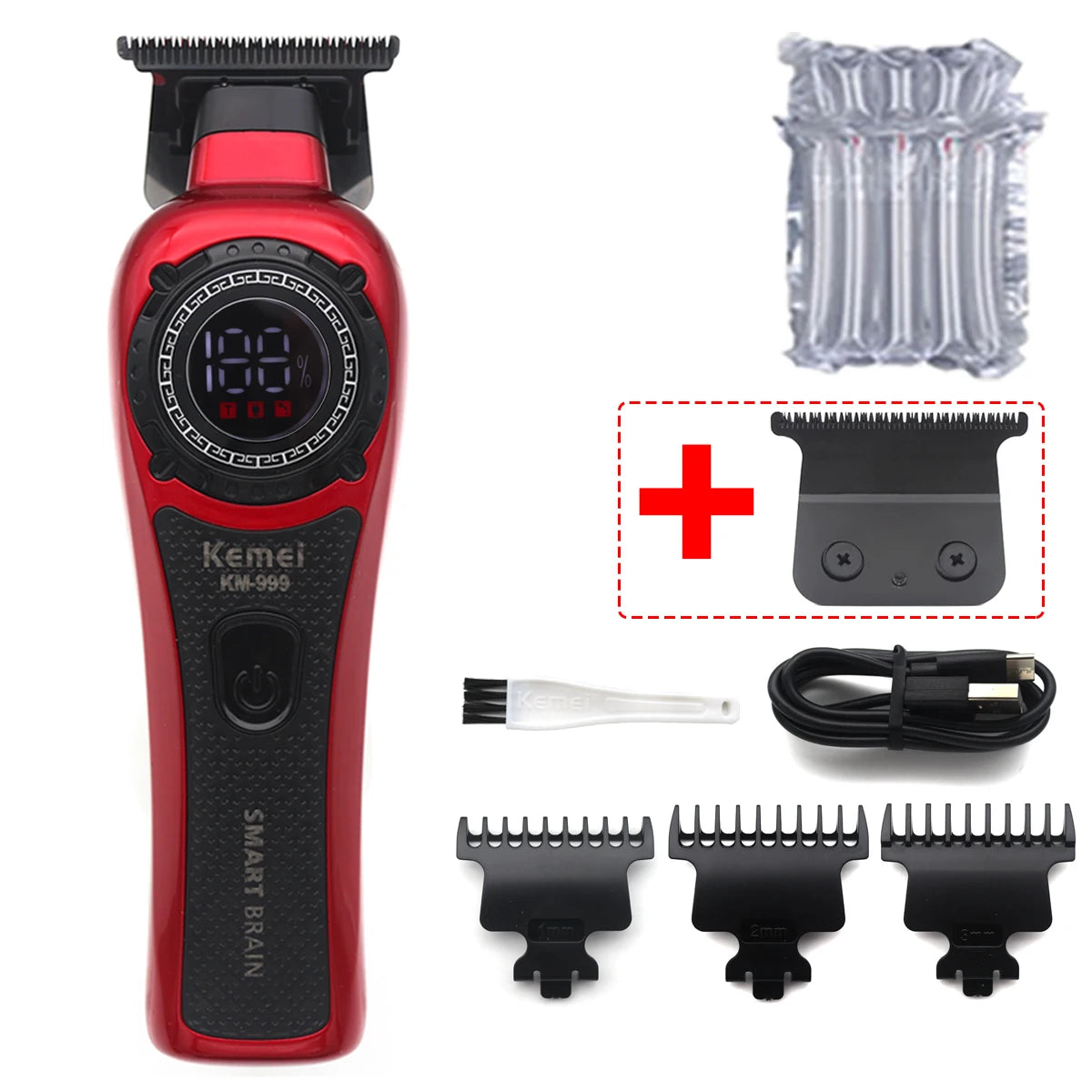 Kemei KM-999 Professional Hair Trimmer – DLC T-Blade, Zero Gap, LED Display, Cordless USB Clipper