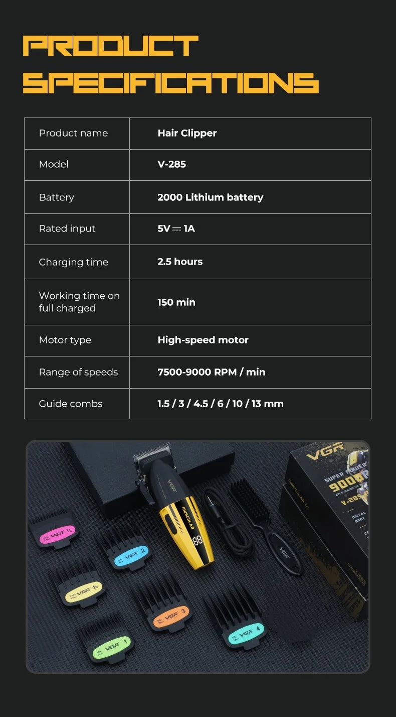 VGR Professional Hair Clippers | 9000 RPM | V-285 & V-003 | Cordless Barber Trimmer