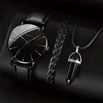 Men's business watch set by R.E.D. Shopping featuring a quartz watch with leather band, necklace, and bracelet.