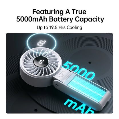 JISULIFE 3-in-1 Portable Handheld Fan – 5 Speeds, LED Display, 3600/5000mAh, Hand/Desk/Neck