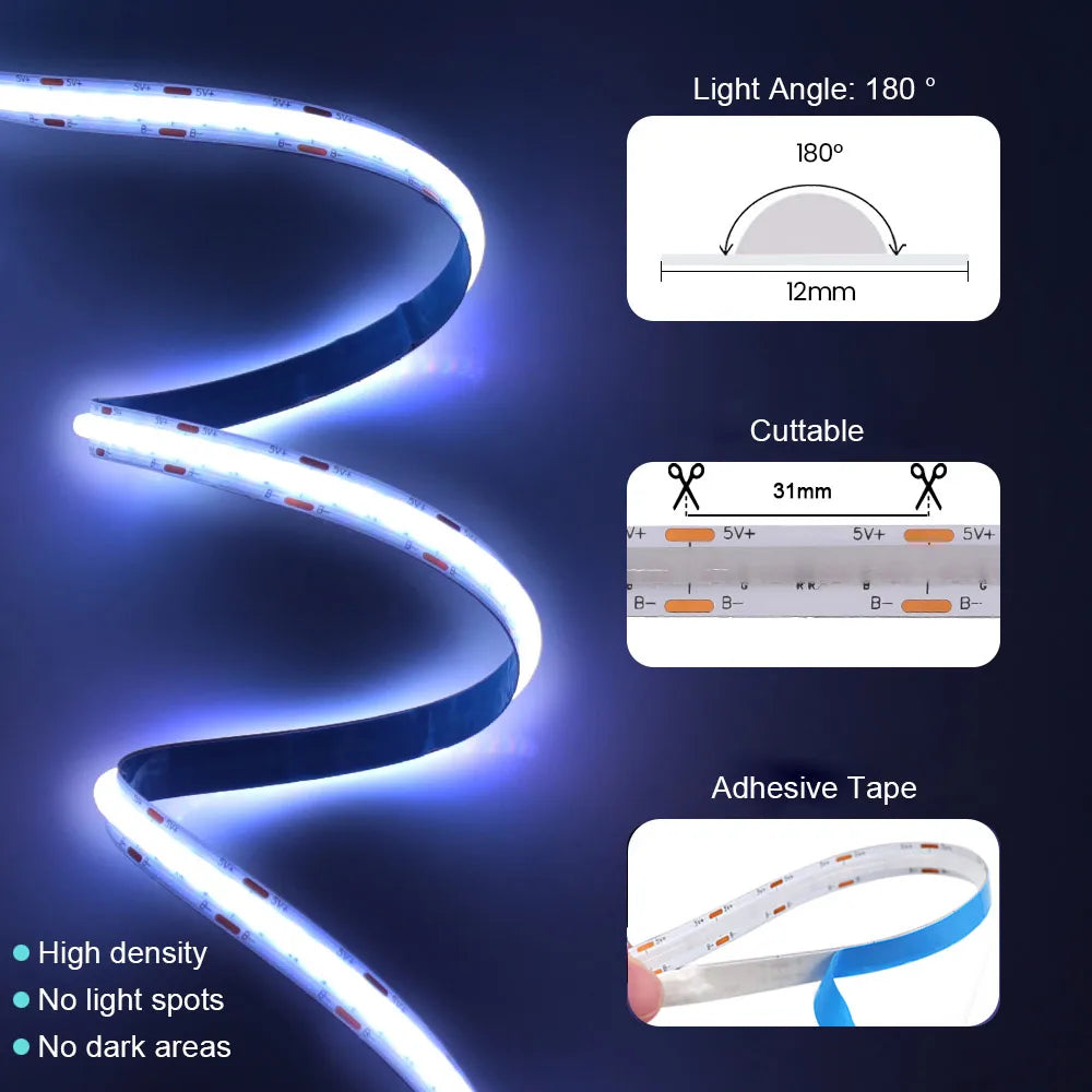 WiFi Bluetooth RGB COB LED Strip Light – 576 LEDs, 24/44 Key Remote, Flexible Tape Kit