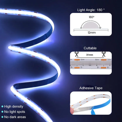 WiFi Bluetooth RGB COB LED Strip Light – 576 LEDs, 24/44 Key Remote, Flexible Tape Kit