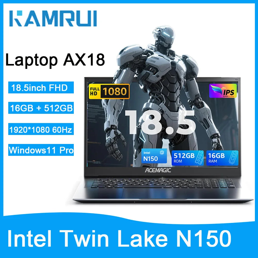 KAMRUI 18.5" Laptop — Intel N150 Quad-Core, 16GB DDR4, 512GB M.2 SSD, 8000mAh Battery, Windows 11 Pro