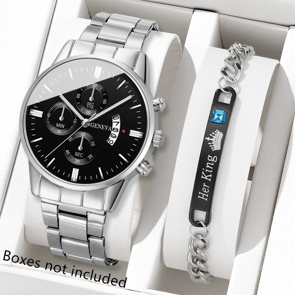Men’s luxury stainless steel quartz wristwatch with calendar feature, stylish business accessory by R.E.D. Shopping.