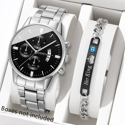 Men’s luxury stainless steel quartz wristwatch with calendar feature, stylish business accessory by R.E.D. Shopping.