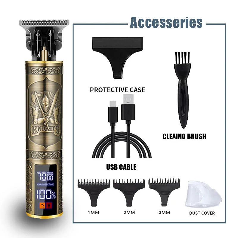 R.E.D. Shopping T9 electric hair trimmer with USB charging and 0mm bald fade clipper, black and silver design, close-up view