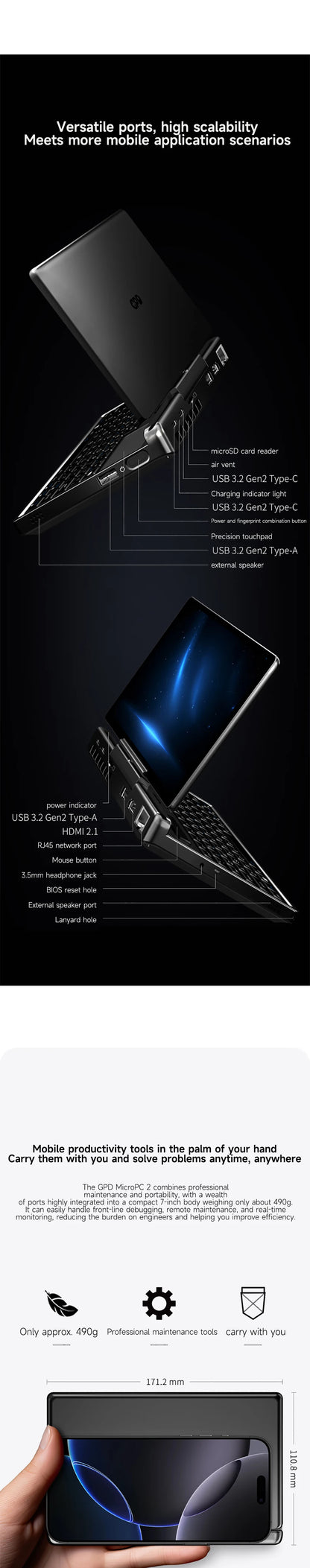 GPD MicroPC 2 2025 – 7" Mini Laptop, Intel i3-N300, 16GB DDR5, up to 4TB SSD, Windows 11 Pro