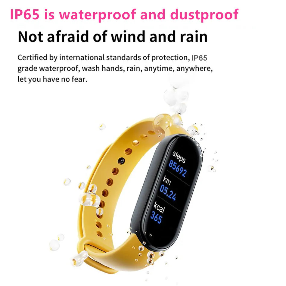 R.E.D. Shopping M6 Smart Fitness Bracelet showing heart rate monitor and sleep tracking display, waterproof design.