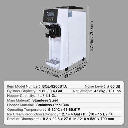 SucceBuy 4L Commercial Soft Serve Ice Cream Machine | Single Flavor | Touch Screen | Auto Clean | Pre-Cooling