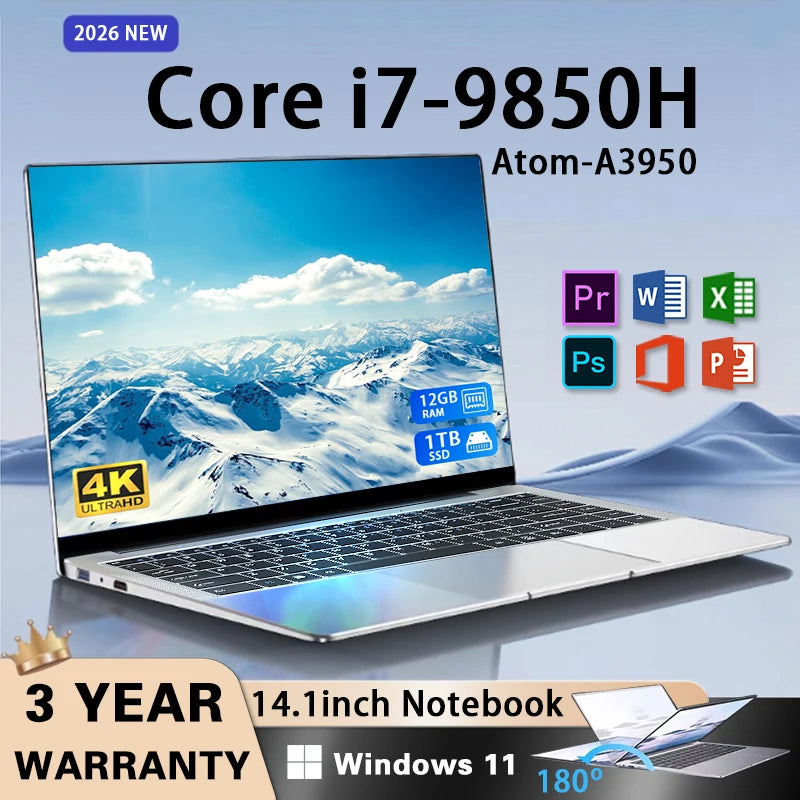 14.1" Ultraslim Laptop – Intel Core i7 9850H or Atom A3950, 12GB RAM, up to 2TB SSD, Windows 11