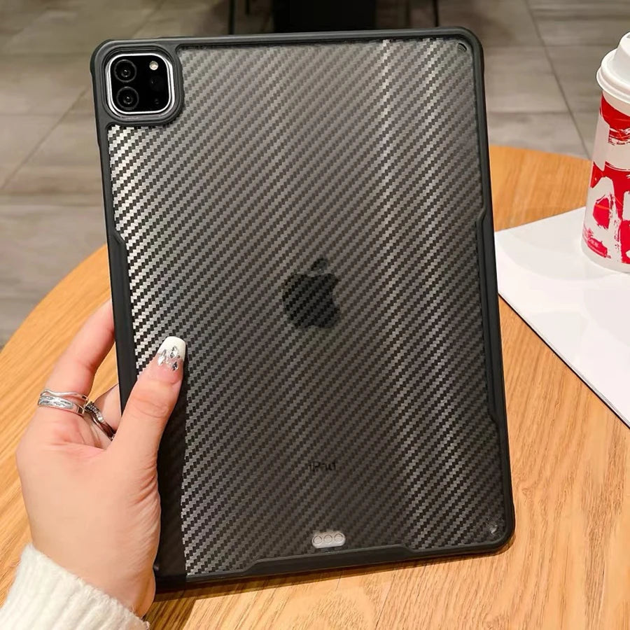 Carbon fiber shockproof iPad case by R.E.D. Shopping, hard cover for iPad Air, Pro, Mini, 3rd-10th Gen, with textured finish.