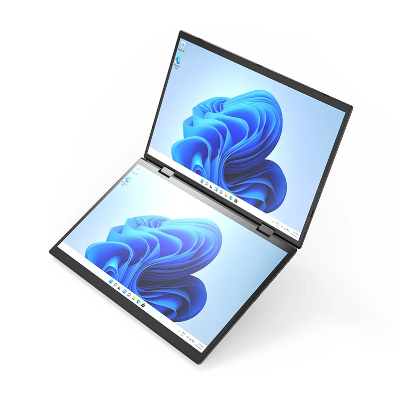 Intel N100 dual-screen laptop with 14-inch 2K touch screens, 32GB RAM, metal case, 2-in-1 flip design, ideal for versatile computing.