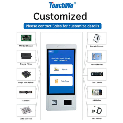 TouchWo 27-32 inch touchscreen self-service kiosk by R.E.D. Shopping, featuring a Windows/Android interface for ticketing, payments, and ordering.
