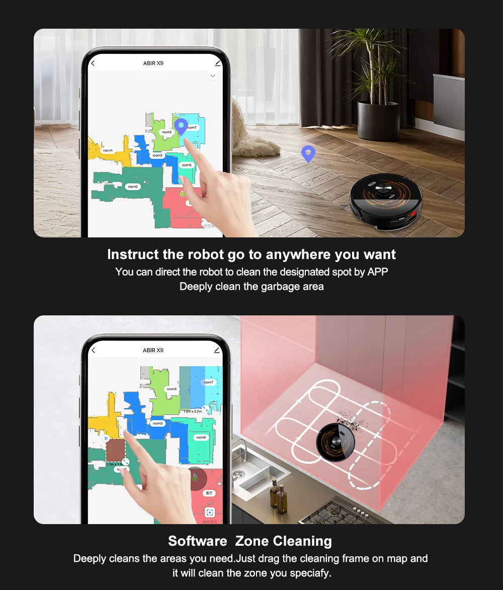 ABIR X9 Robot Vacuum Cleaner – Laser LiDAR, 6500PA Suction, UV Spot Cleaning, Multi-Floor Map, Auto Carpet Boost